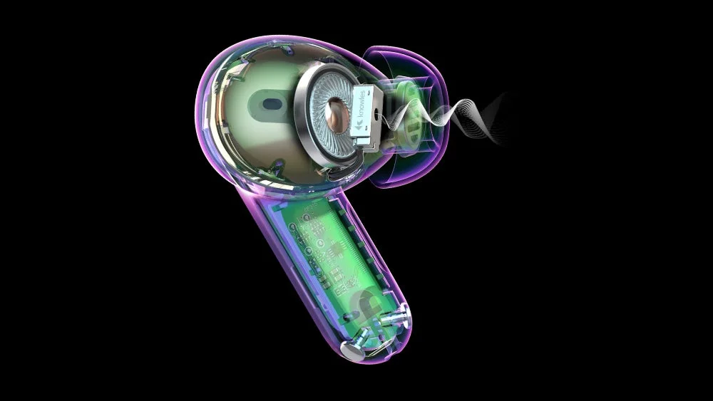 Epic Pods ANCのデュアルドライバー内部構造を示す透過イメージ。