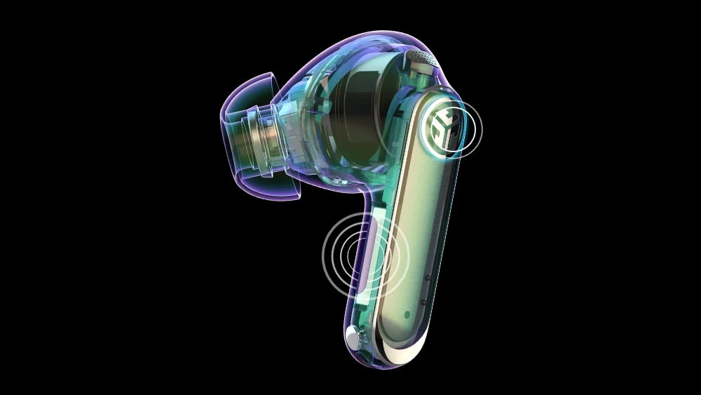 Epic Pods ANCのタッチ＆プッシュ操作部分を示す透過イメージ。