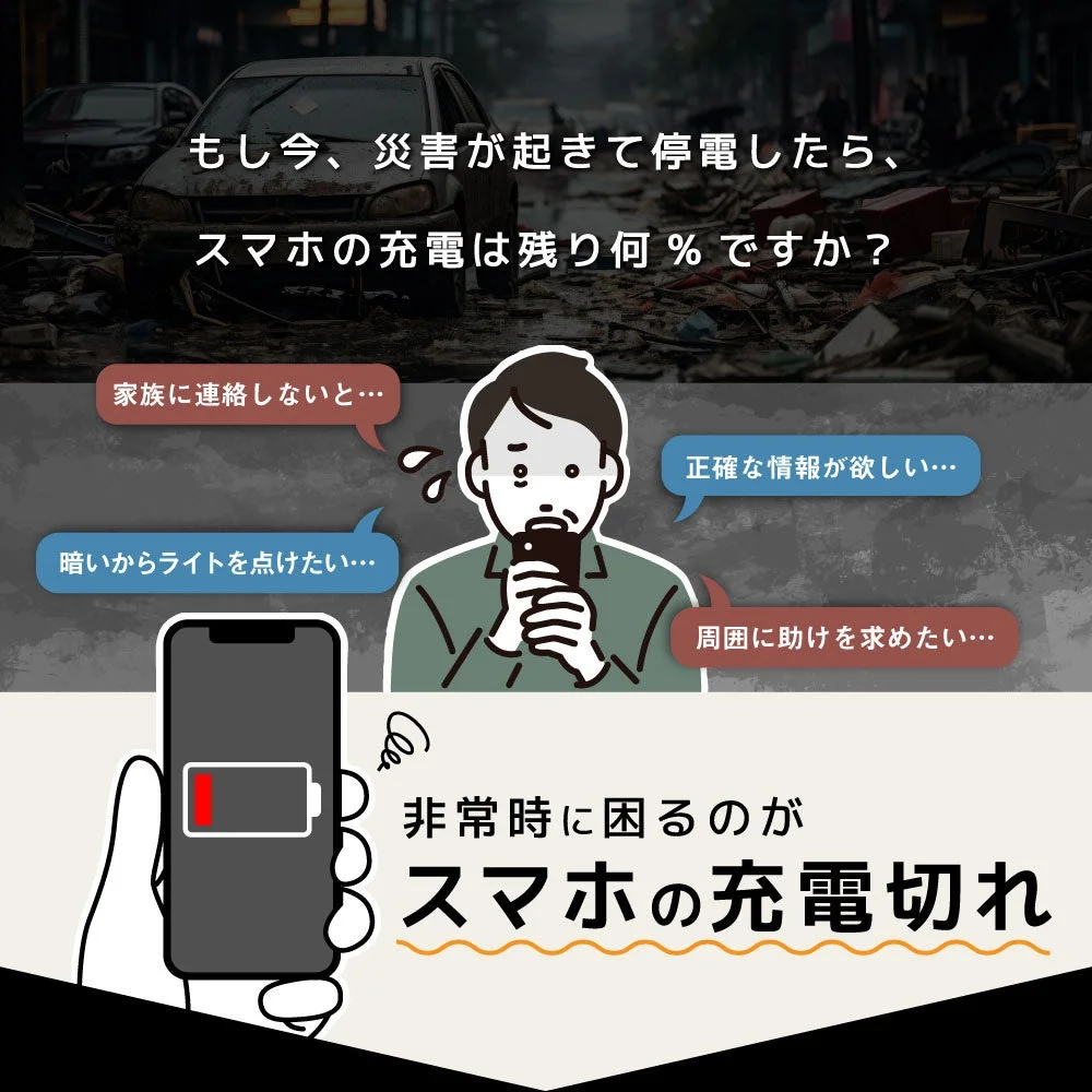 災害時のスマホ充電切れの不安を訴えるイラストとテキスト