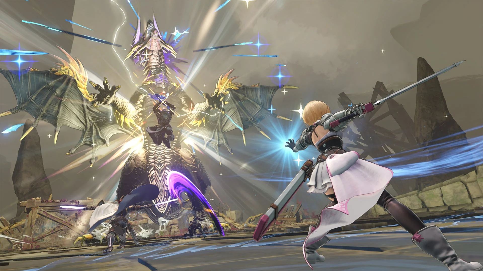 キャラクターが巨大なドラゴンと戦うゲームプレイ画面