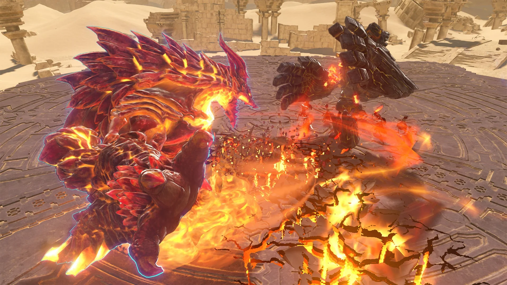 炎のエフェクトを伴うモンスター同士の戦闘シーン