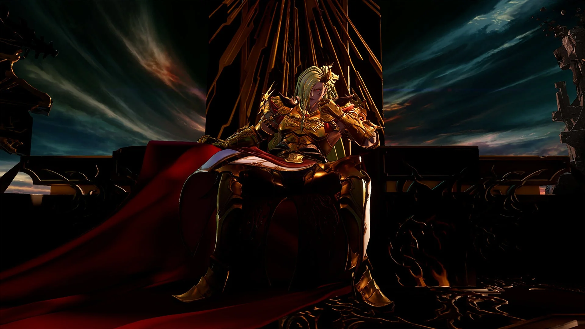 玉座に座る金髪の男性キャラクター