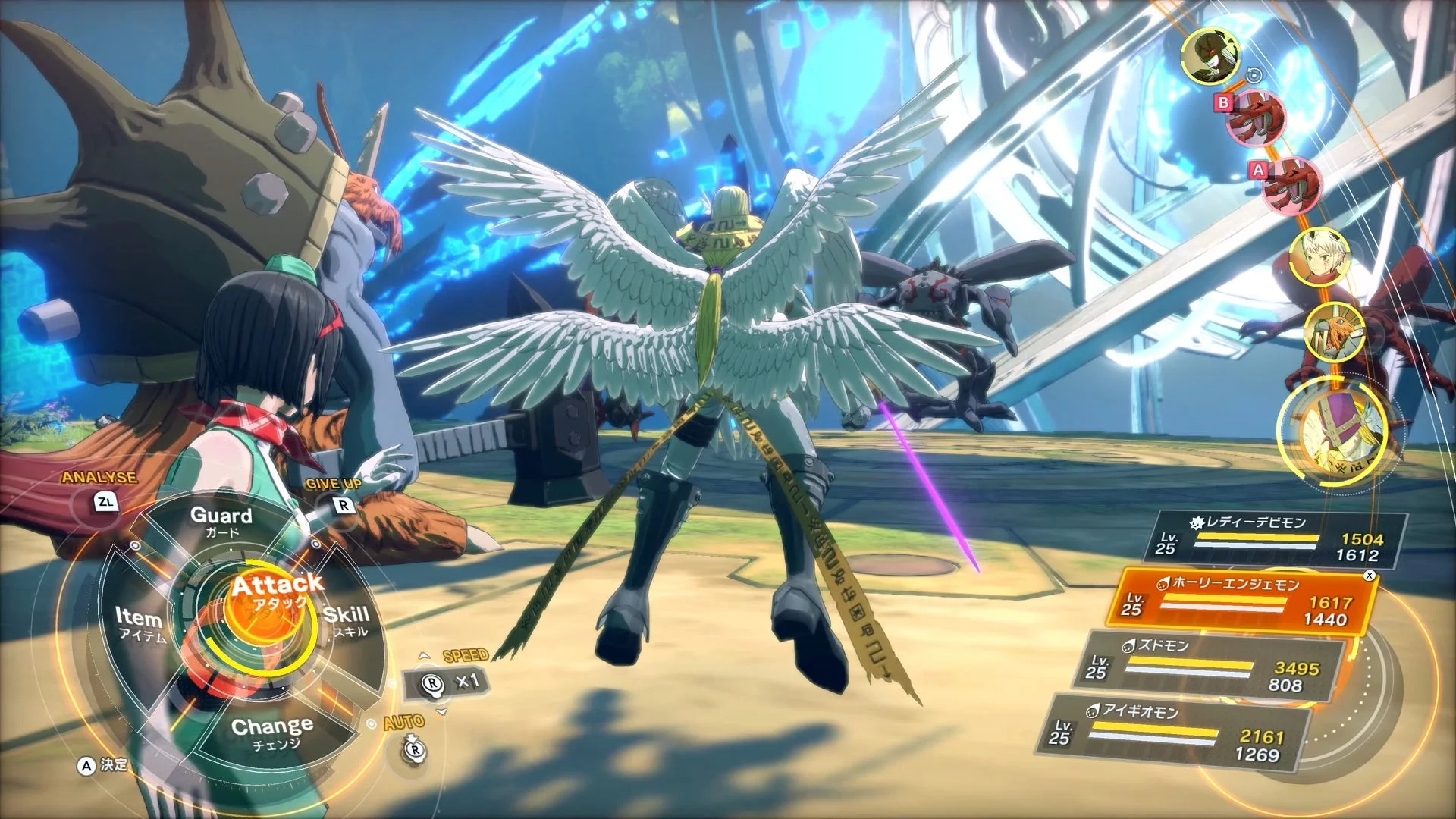 ターン制バトルのゲームプレイ画面、UI表示あり