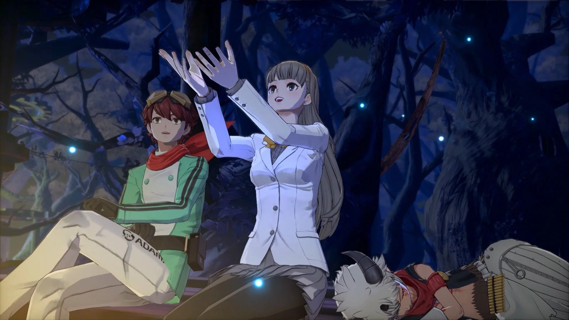 キャラクターたちが森で休憩するゲームイベントシーン