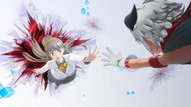 キャラクターが手を伸ばし助け合うゲームイベントシーン