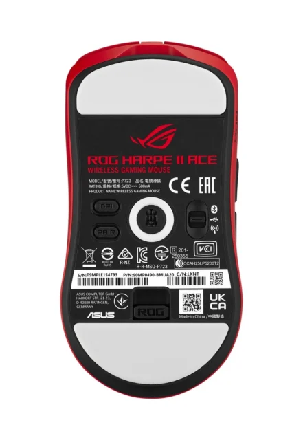 ROG Harpe II Ace Gaming Mouse Lava Redの底面と製品情報