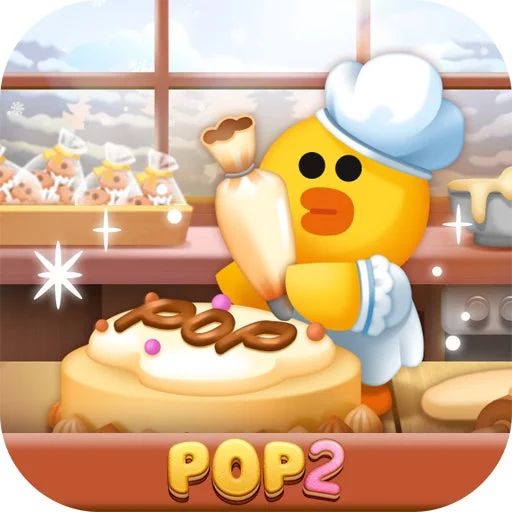 LINE POP2のアプリアイコン、シェフ姿のサリーがケーキをデコレーション