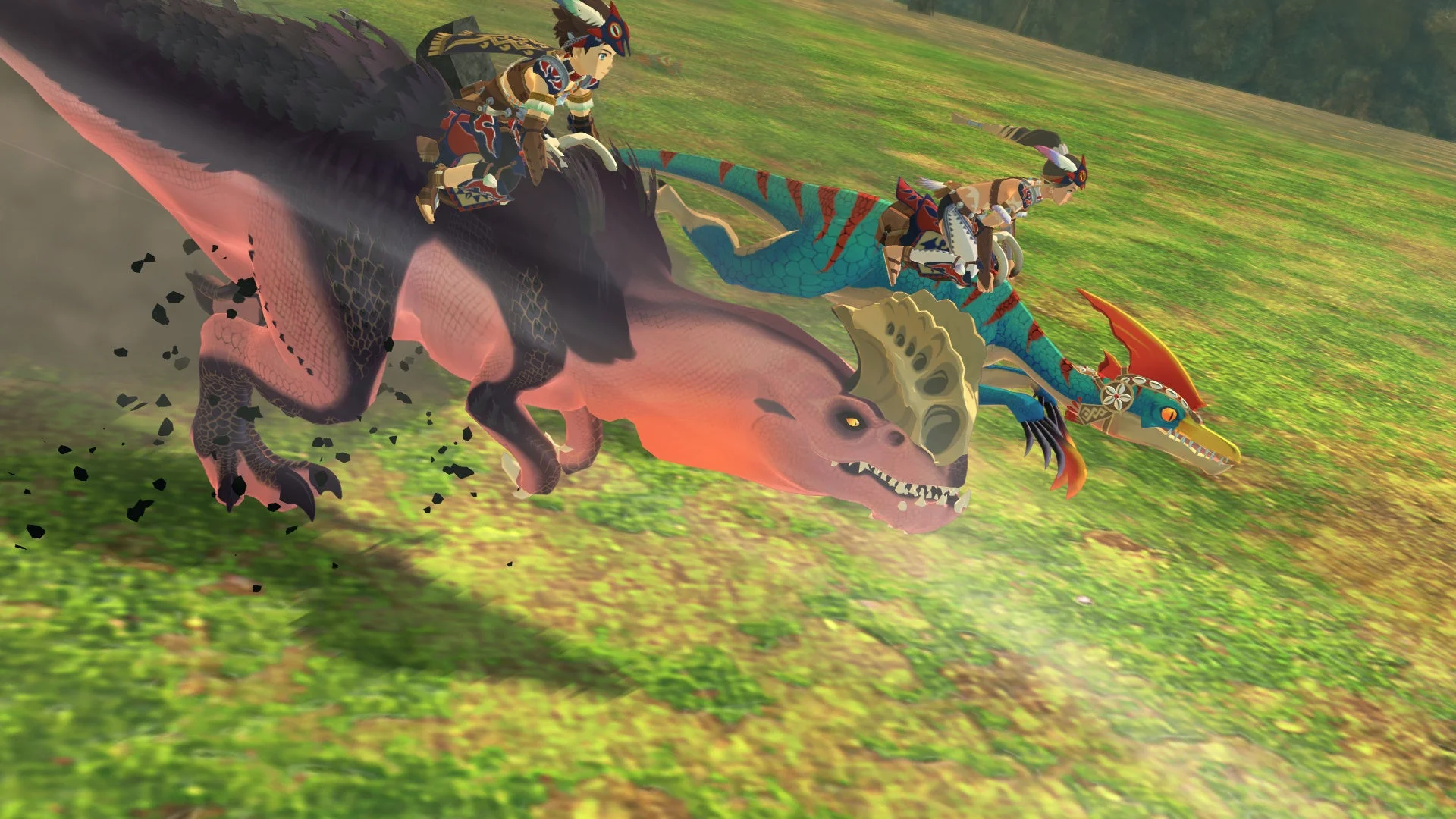 オトモンに乗って広大なフィールドを移動するライダーたち