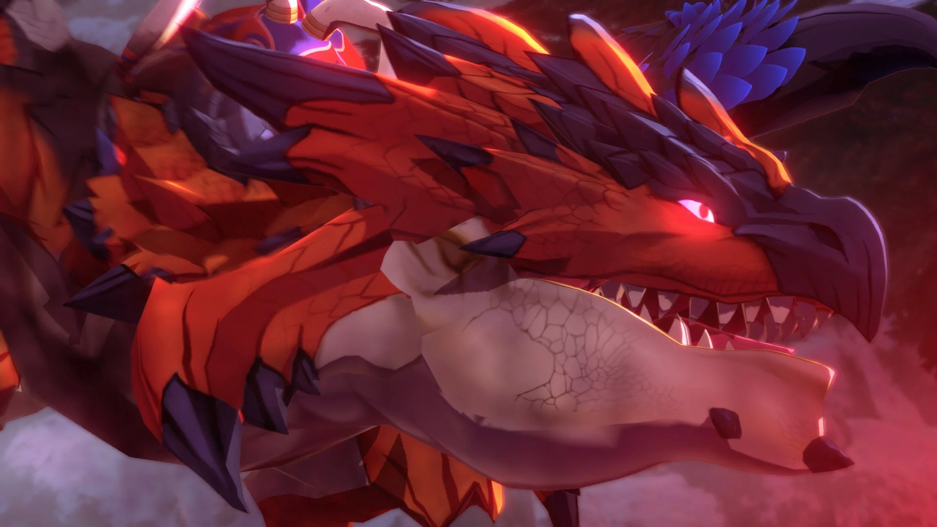 鋭い眼光を放つ赤いモンスターのクローズアップ