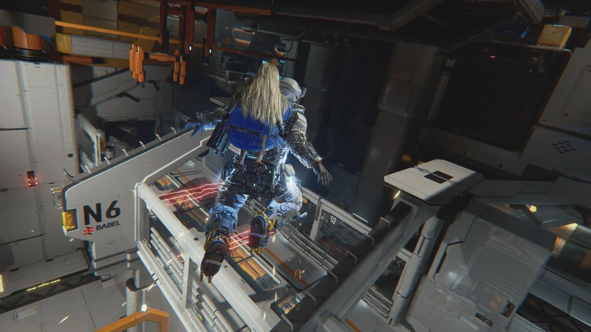 プラグマタの月面施設内を浮遊するゲームプレイ画面