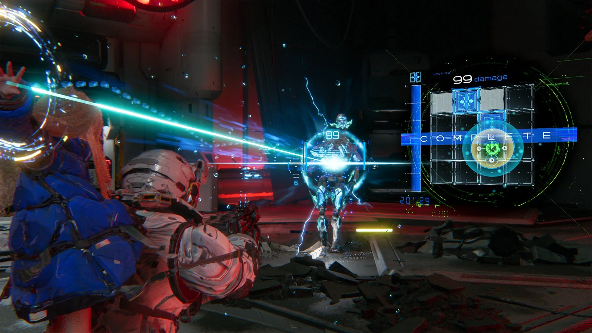 プラグマタの戦闘UIが表示されたハッキングアクションゲームプレイ