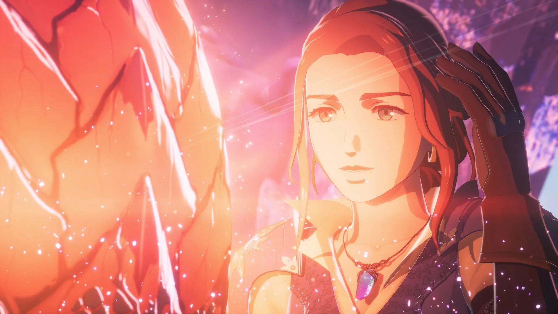 光に包まれた女性キャラクターのクローズアップ