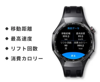 HUAWEI WATCH GT 6の画面に表示される移動距離や最高速度などの滑走データ