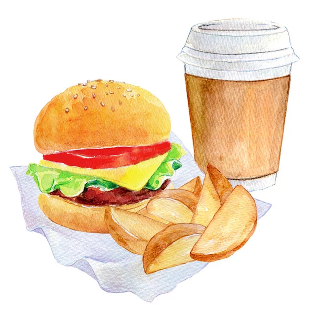 ハンバーガー、ポテト、コーヒーのイラスト