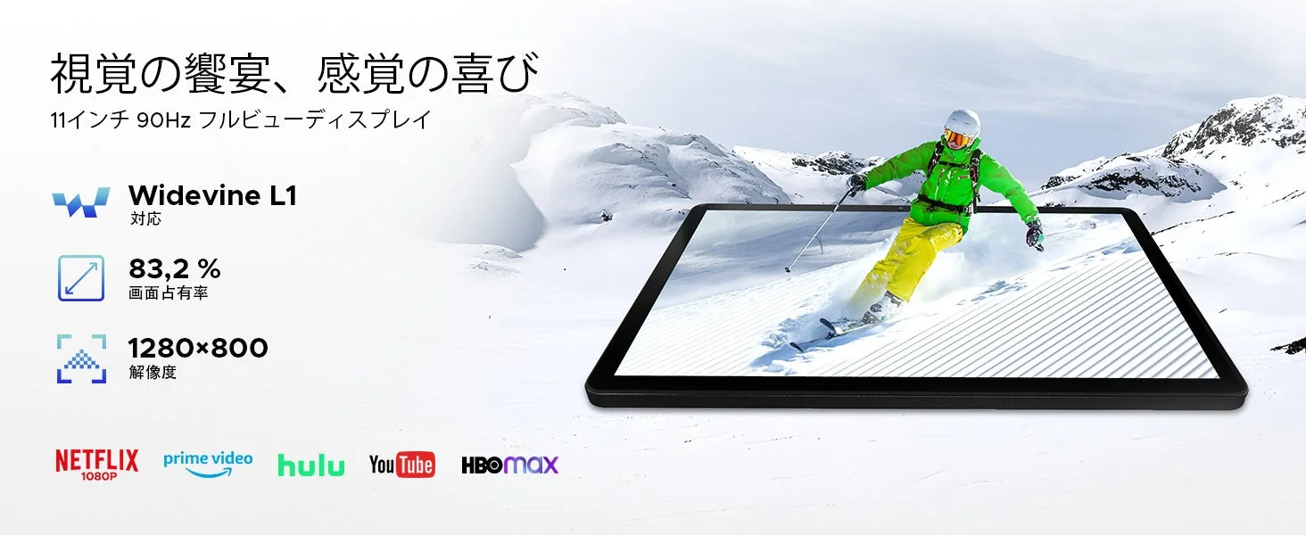 POCKAM P11の11インチIPSディスプレイ、90Hzリフレッシュレート、Widevine L1対応、HD解像度