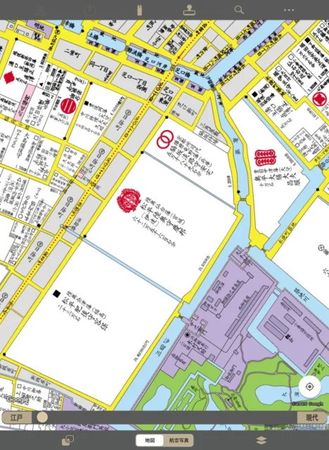 大江戸今昔めぐりアプリの古地図画面（伊達家上屋敷付近）