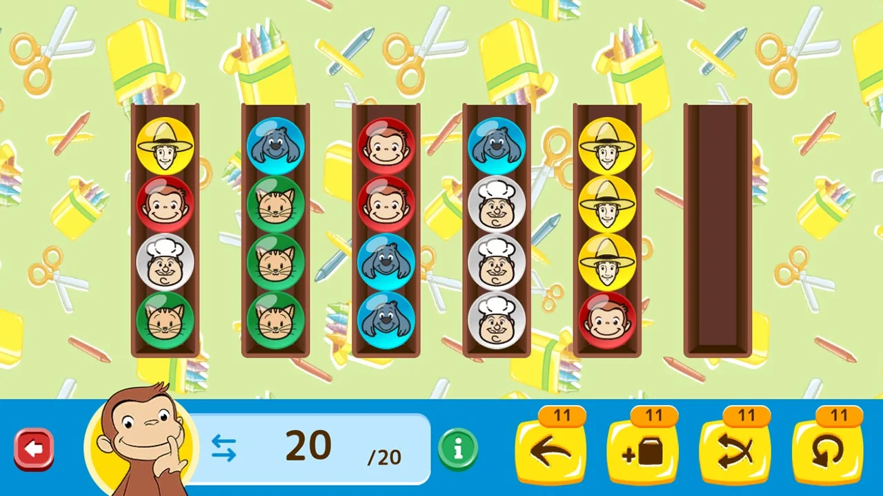 「おさるのジョージ わくわく！パズルdeショップ」のソートパズルゲーム画面