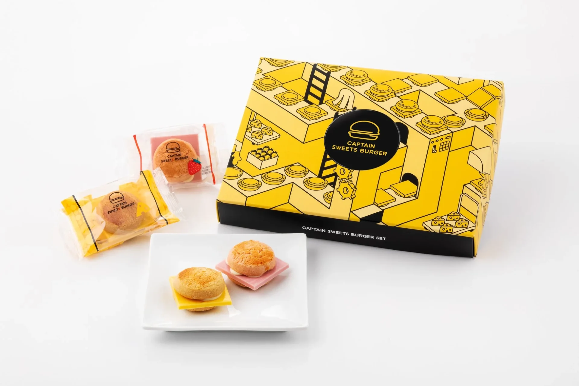 キャプテンスイーツバーガーセットの箱と個包装された商品