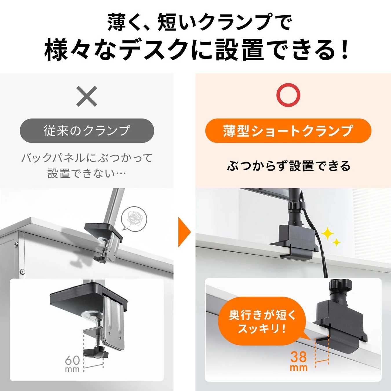 従来のクランプと薄型ショートクランプの奥行き比較