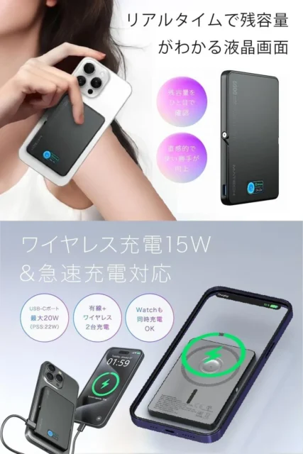 1%単位でバッテリー残量を確認できるMagOn Watch Slim 5000のリアルタイムディスプレイ