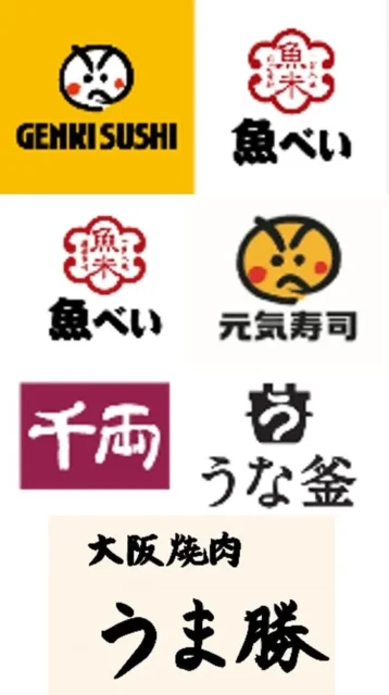 Genki Global Dining Conceptsが展開する魚べい、元気寿司、千両などのブランドロゴ