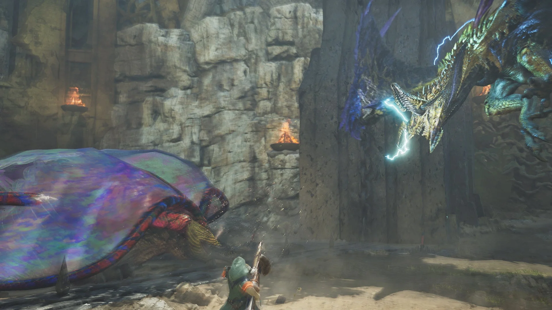 ハンターが歴戦王レ・ダウと戦うゲームプレイ画面