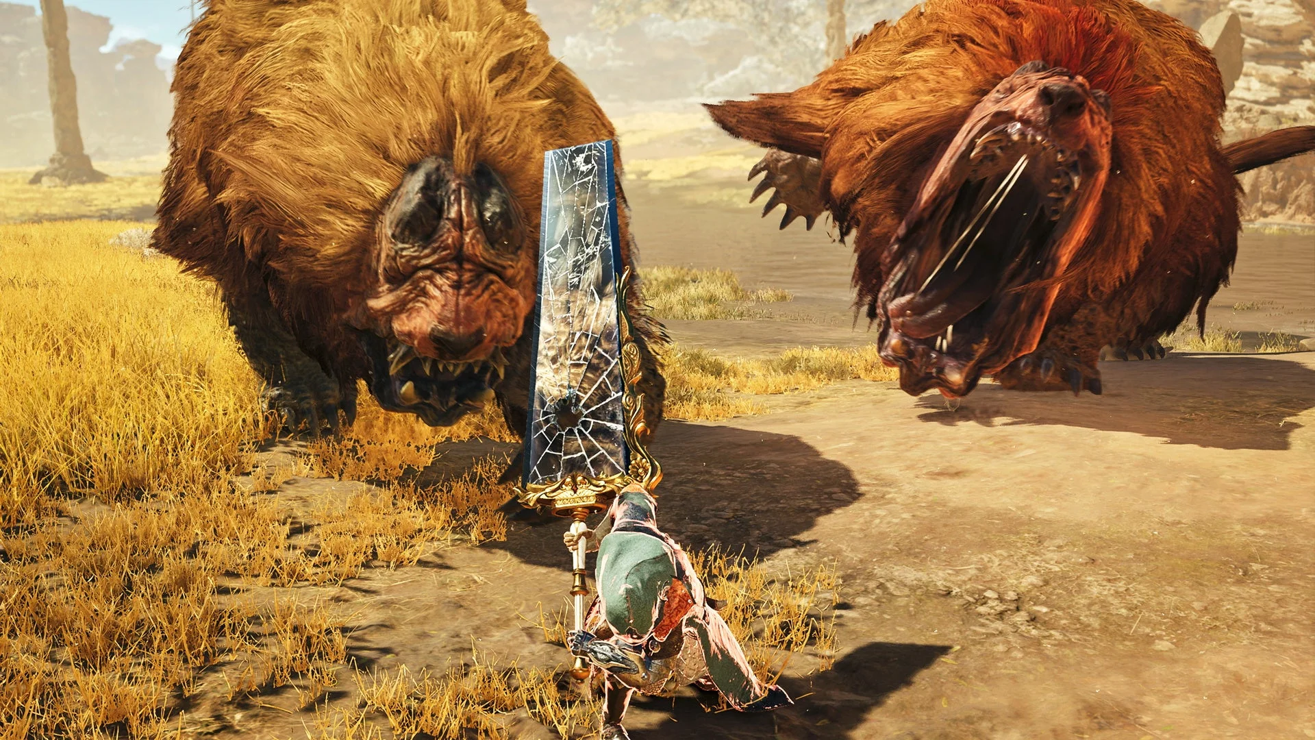 砕ケシ封鏡ノ剣を構えるハンターとモンスター