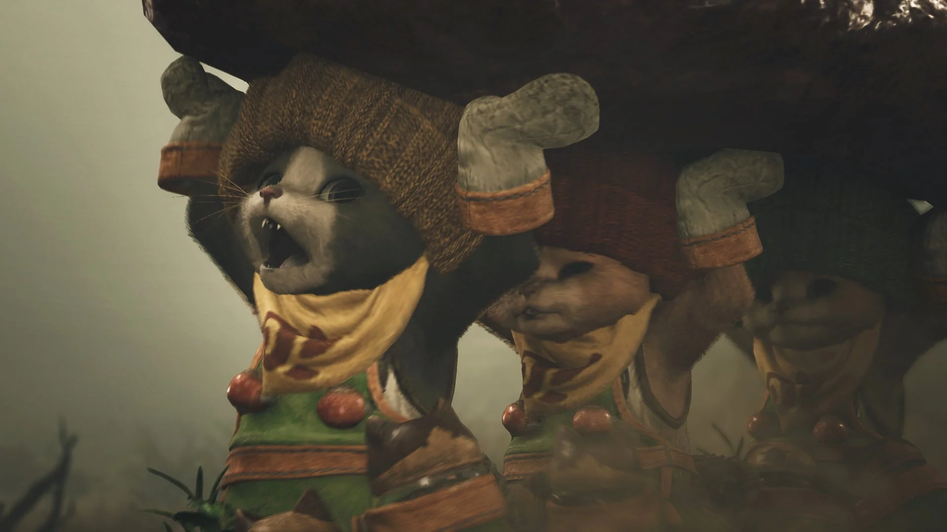 オトモアイルーたちが巨大な肉を運ぶチャーム