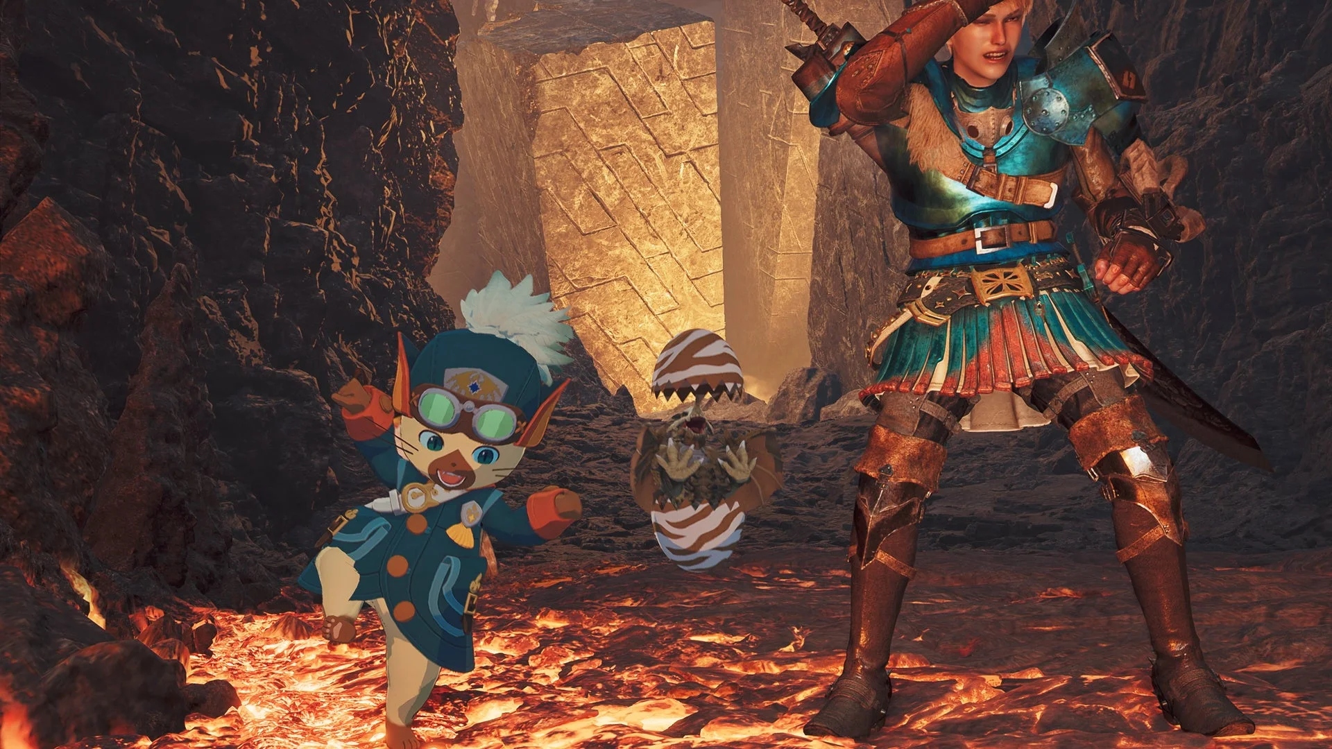 ルディとハンターがタマゴを運搬するゲーム画面