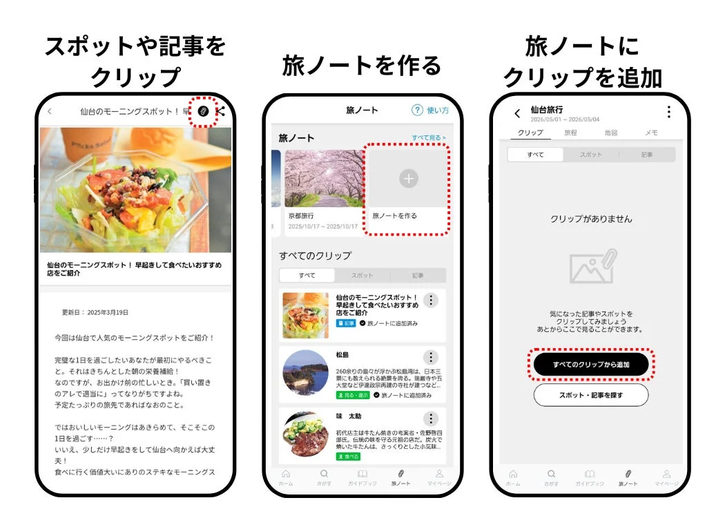スポットや記事をクリップし、旅ノートを作成する操作画面