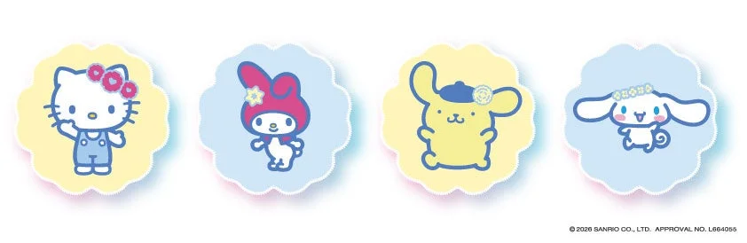 ハローキティ、マイメロディ、ポムポムプリン、シナモロールのOmoide Badge