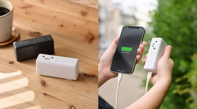 DE-AC14-5000シリーズのブラックとホワイトフェイスの外観、およびモバイルバッテリーとしての使用シーン