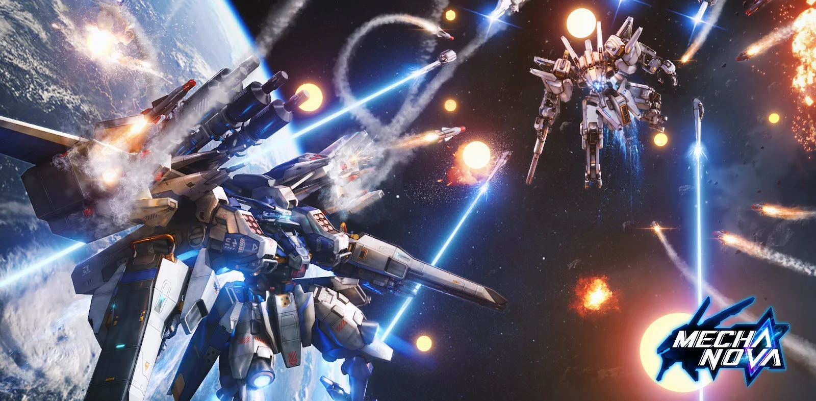 エース戦略：メカノヴァの巨大メカが宇宙で戦うキービジュアル