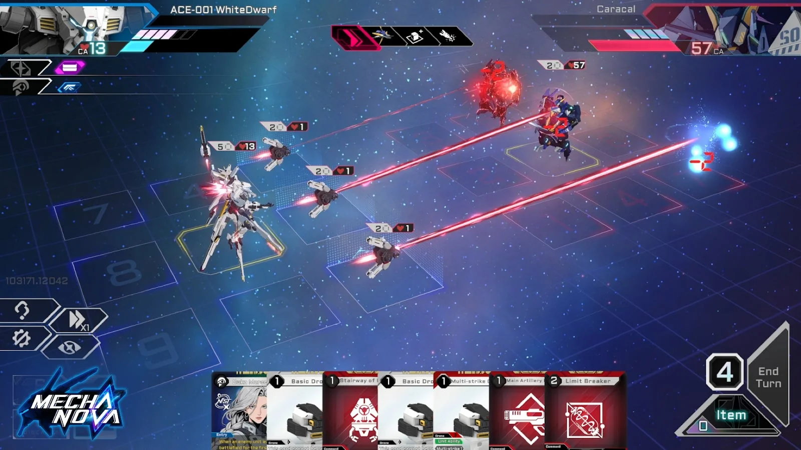 『エース戦略：メカノヴァ』の戦闘画面、カードデッキとメカの配置