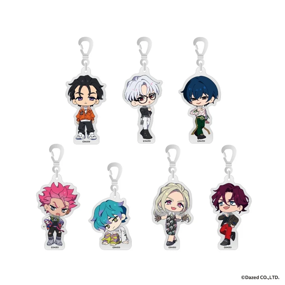 カリスマの首振りアクリルキーホルダー全7種。各キャラクターがポーズを取っている。