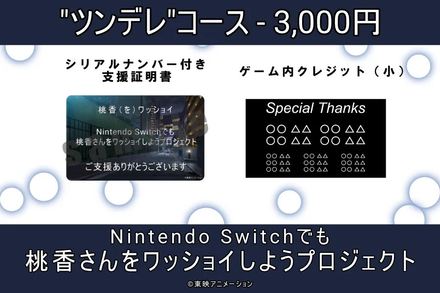 「ツンデレ」コース（3,000円）のリターン品、証明書とゲーム内クレジット（小）