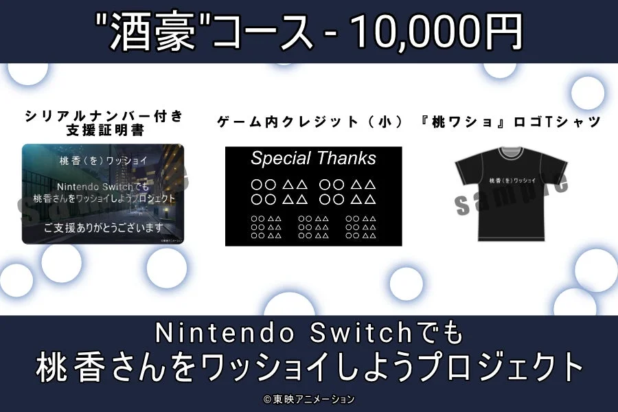 「酒豪」コース（10,000円）のリターン品、証明書、クレジット、ロゴTシャツ