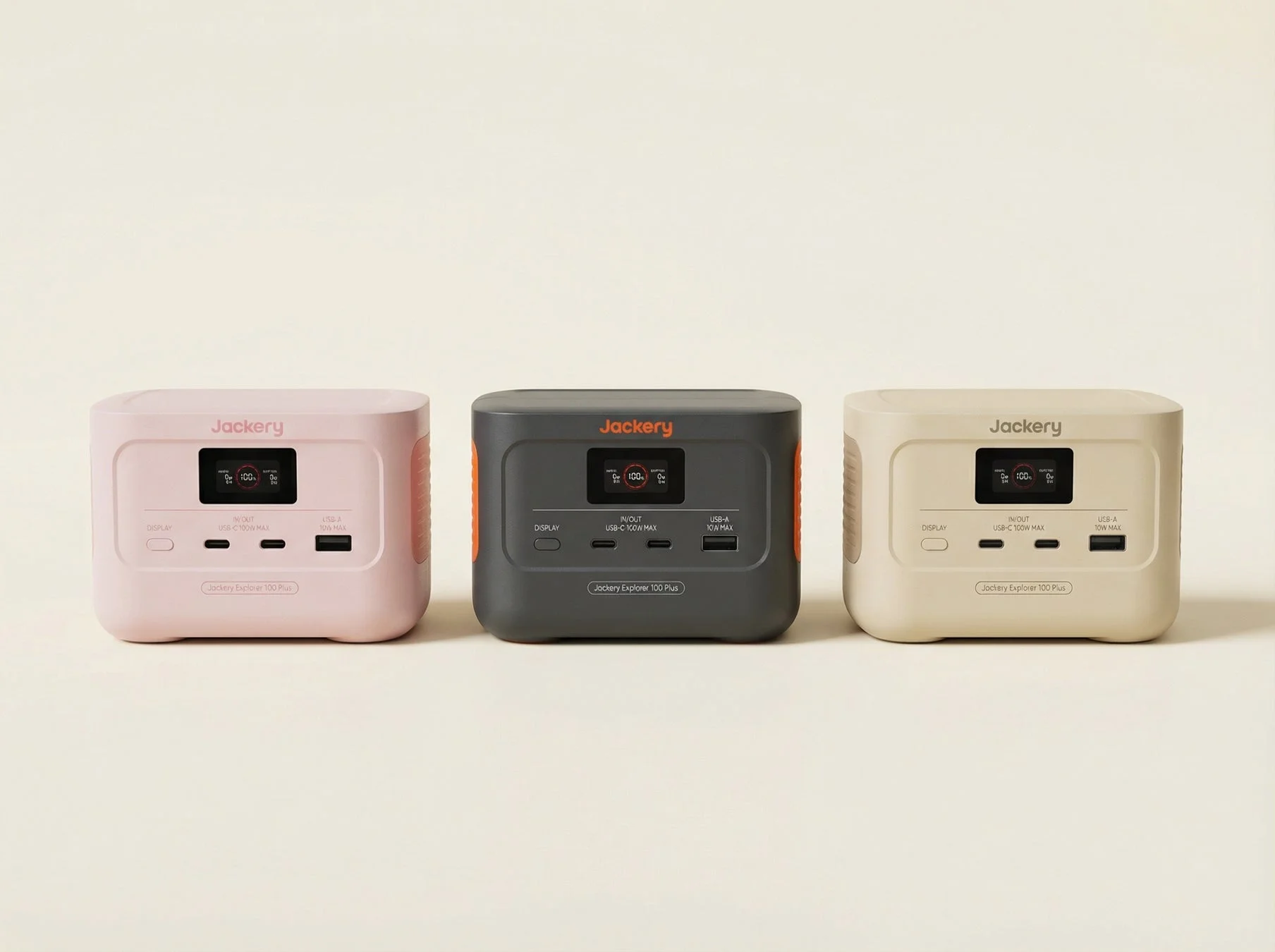 Jackery Explorer 100 Plusのチェリーブロッサム、黒、サンドゴールドの3色展開