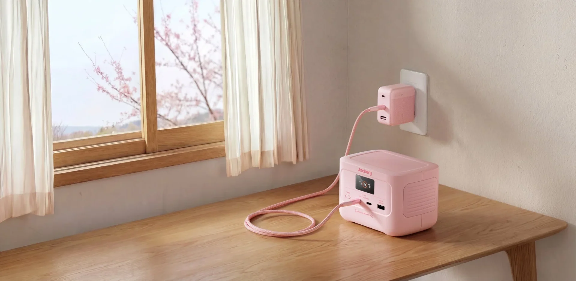 室内でJackery Explorer 100 Plusと充電アダプターが充電されている様子