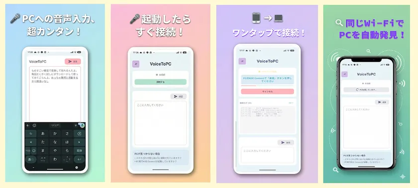 VoiceToPCアプリの簡単な接続と音声入力の操作画面4コマ。
