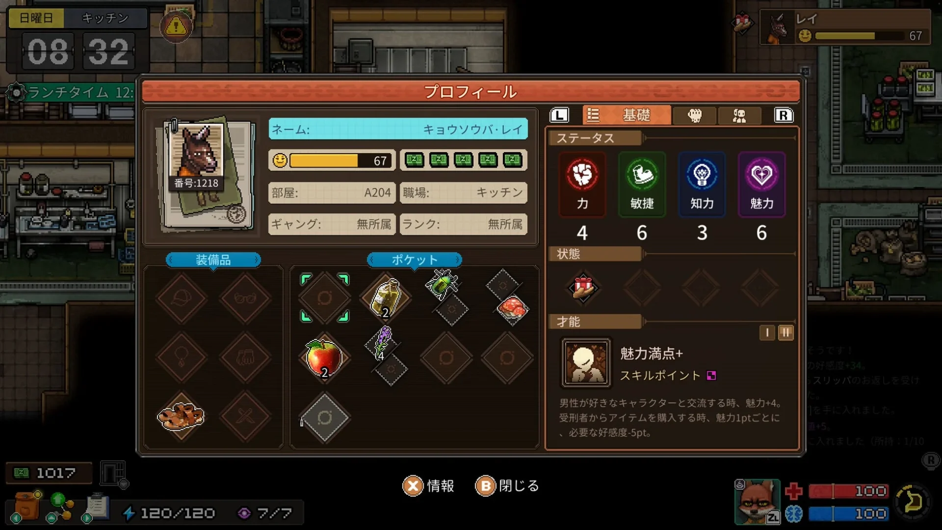 囚人の詳細プロフィールとステータス表示画面