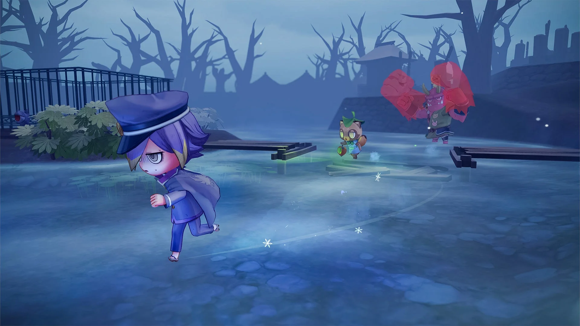 冬模様のウラメシ寺でニンゲンが滑るゲーム画面