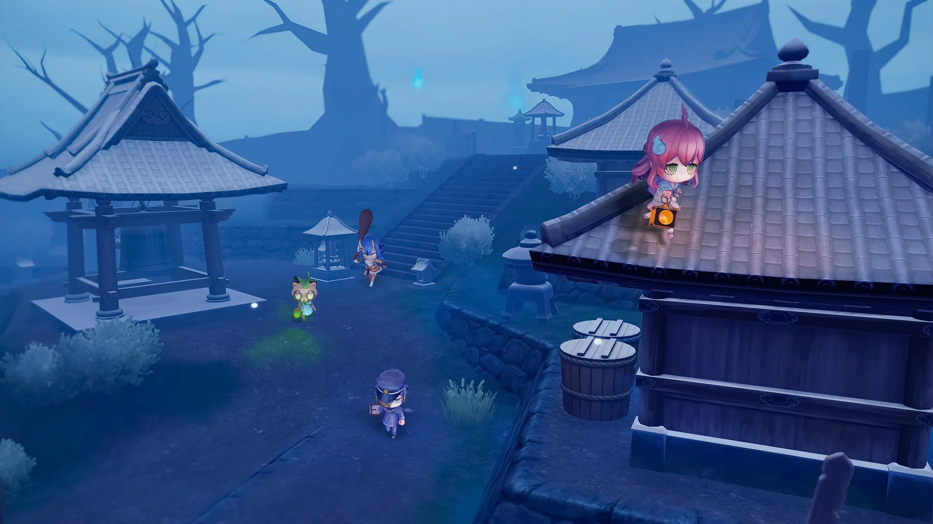 冬模様のウラメシ寺マップでのゲームプレイ