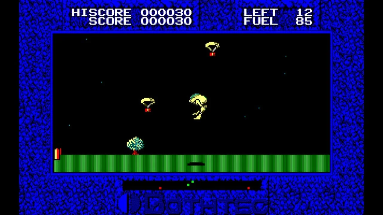 『エギー PC-8801』のゲームプレイ画面（パラシュート降下）