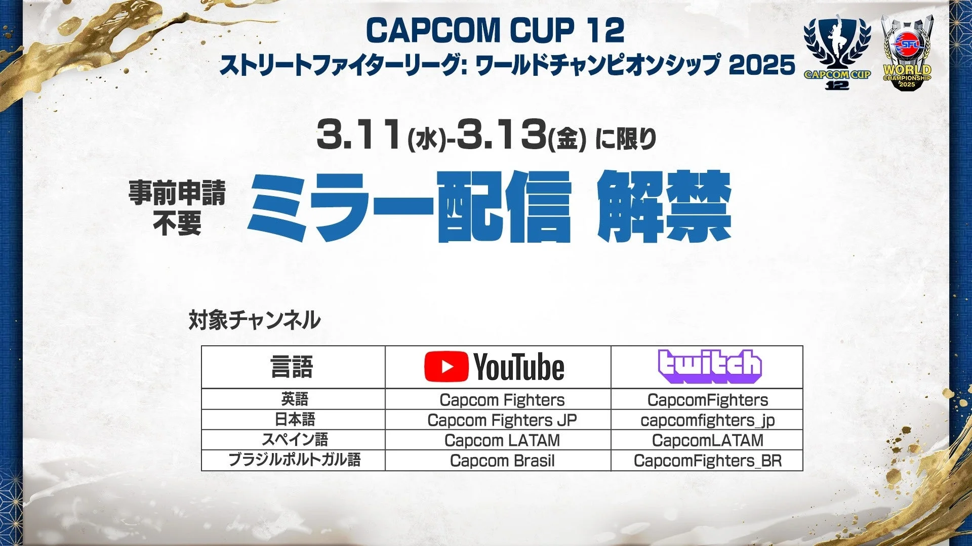 CAPCOM CUP 12グループ予選のミラー配信解禁と対象チャンネル