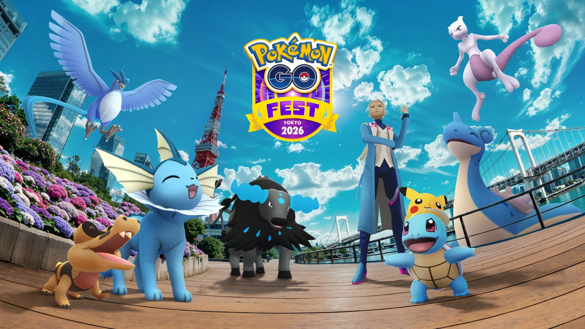 Pokémon GO Fest 2026：東京のキービジュアル。東京タワーとお台場を背景にポケモンたちが集まる