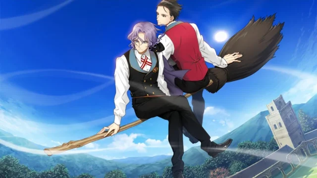 『Lilac -side Wizard-』のゲーム内スクリーンショット。男性キャラクター2人がほうきに乗って空を飛んでいる場面。