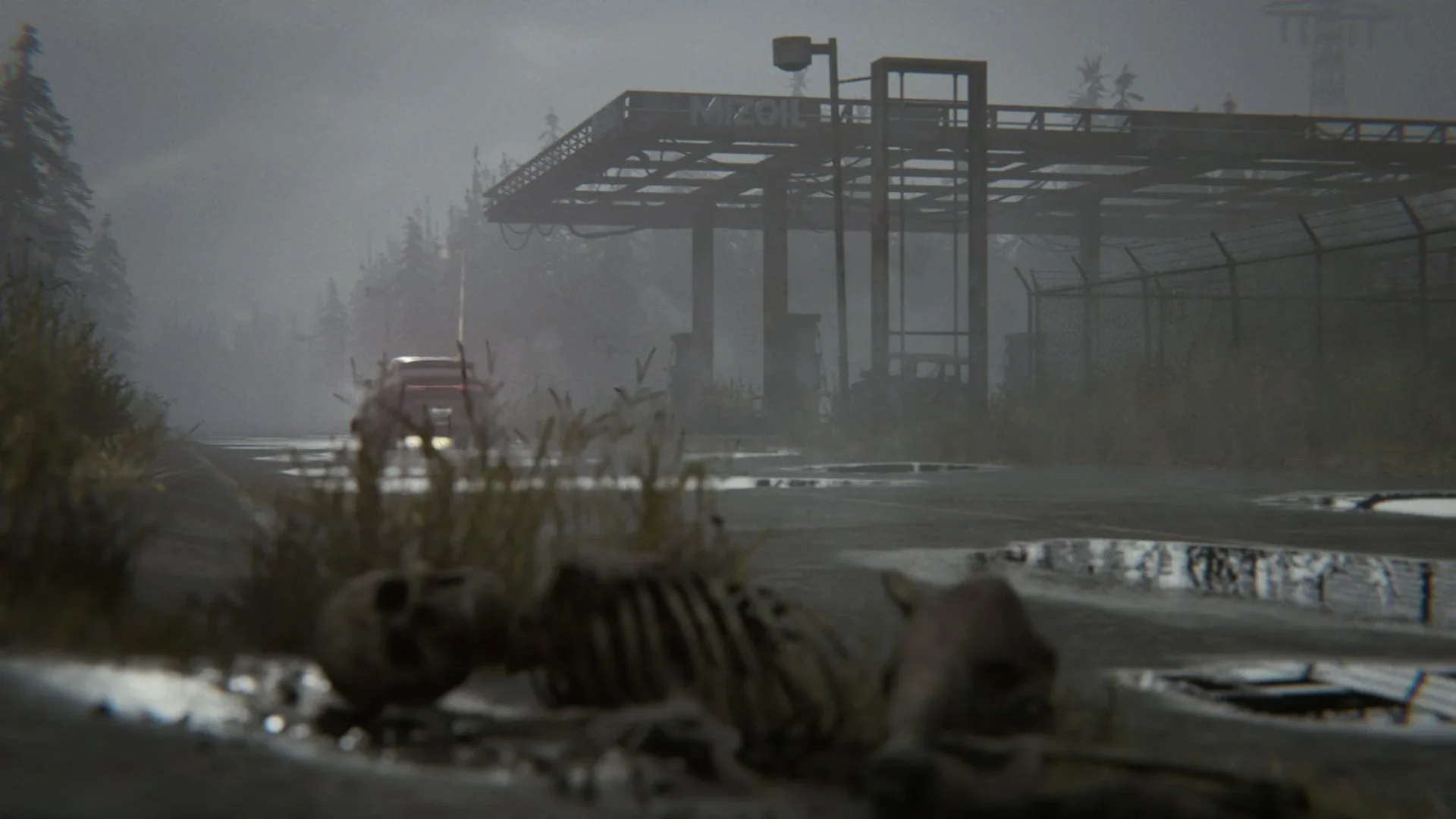 荒れ果てた道と骸骨、遠くに見えるガソリンスタンド