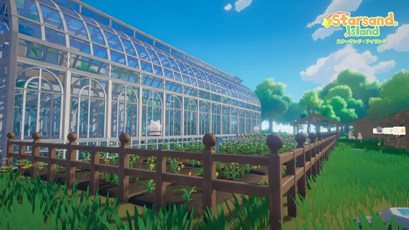 スターサンド・アイランドの温室と畑、自動化生産の様子を示すゲーム画面