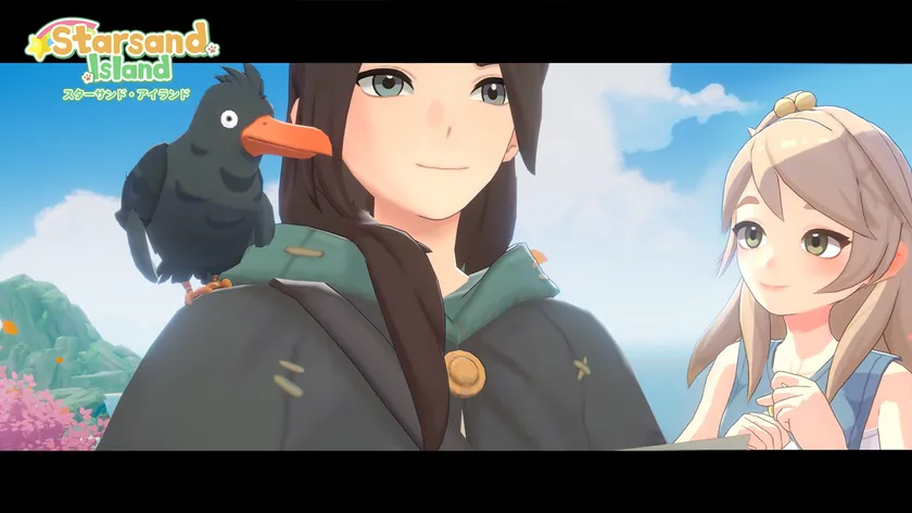 スターサンド・アイランドで交流する2人のキャラクターと肩に乗ったカラス